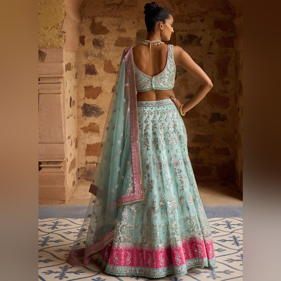 Mint and Hot pink Embroiderd Net Lehengha - Picture 2 of 2